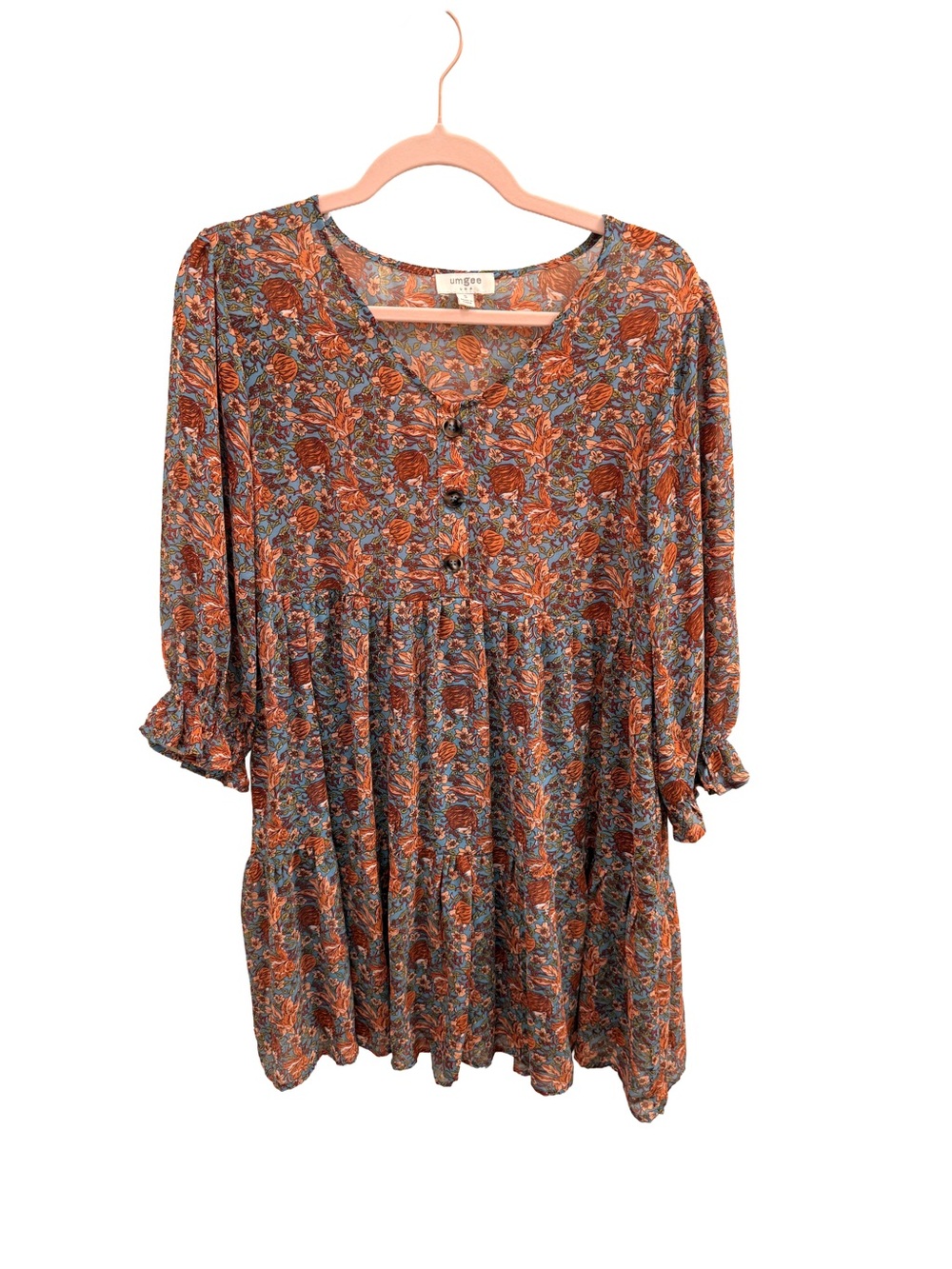 Umgee Rust and Teal Floral Tiered Long-Sleeve Mini Dress